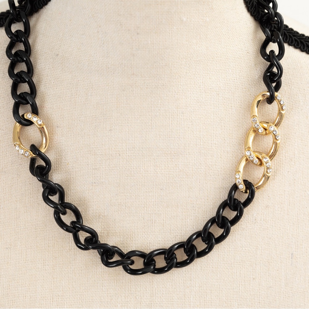 Black & gold tone large link necklace with faux diamond accents bold